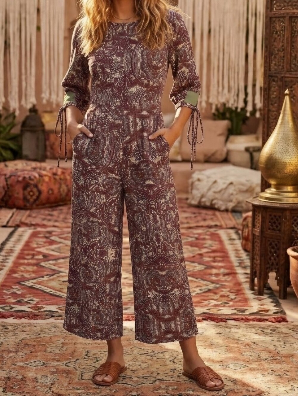 For Love & Lemons Georgi Paisley Jumpsuit Wine Pink Wide Leg Boho Festival S